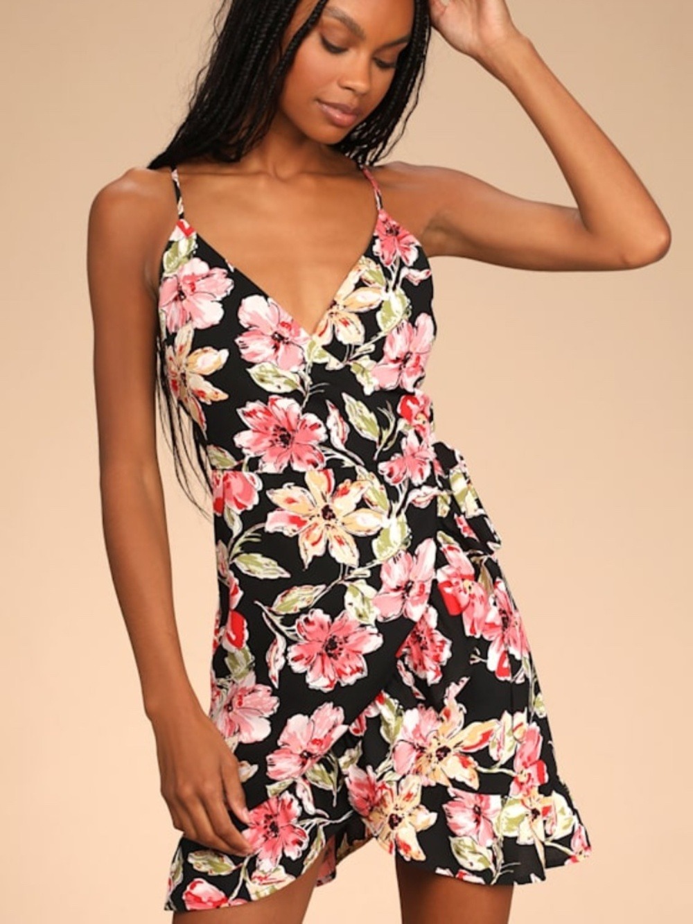 Lulus Florals For Spring Black Floral Print Ruffled Wrap Mini Dress - Size M